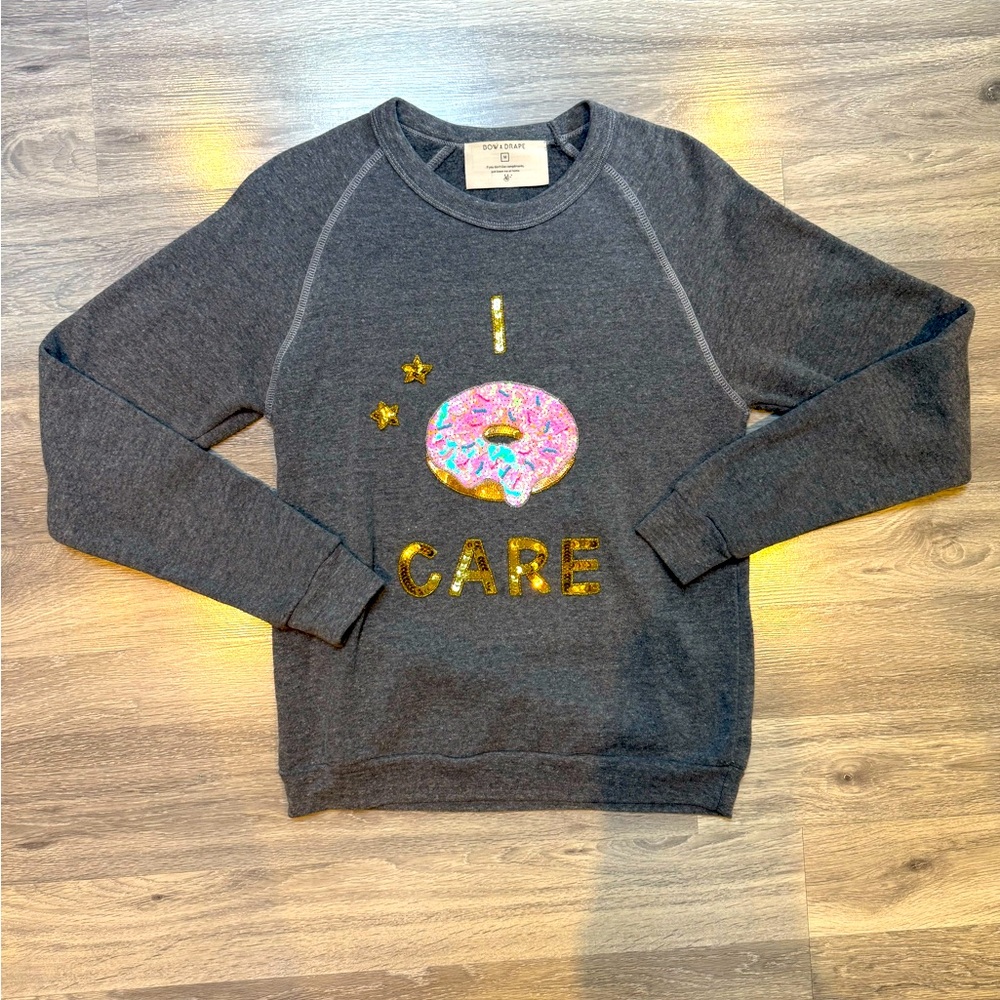 🍩 Bow & Drape Custom “I Donut Care” Sequin Pullover | Size M